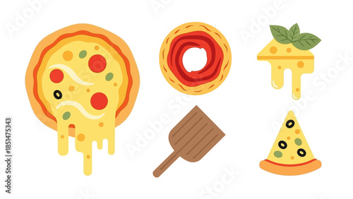 Flat Pizza Vector Icons with Cheesy Slice Toppings and Pizza Peel Tools