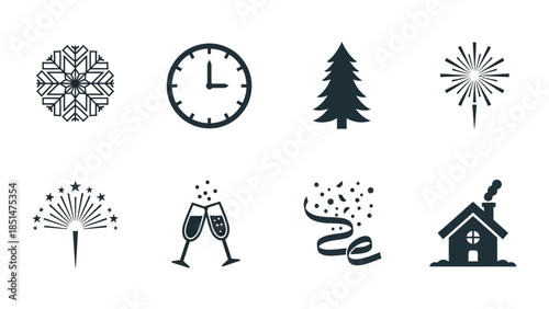 New Year Celebration Icons with Countdown Clocks Champagne and Holiday Symbols