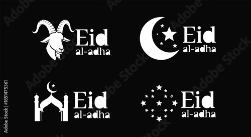Eid al-Adha Silhouette Icon Set Featuring Goat, Crescent Moon, Mosque, and Stars in Elegant Black and White Islamic Festival Design