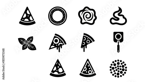 Black and White Food and Drink Icons Set with Pizza Donut and Champagne Symbols