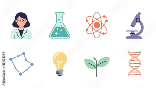 Modern Science and Research Vector Icons with Chemistry Atom Idea and Biology Symbols
