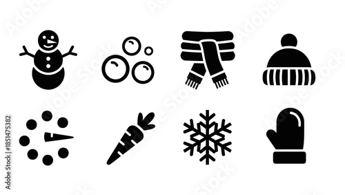 A collection of black silhouette icons representing various winter elements and activities, including a snowman, scarf, hat, snowflake, and mittens.
