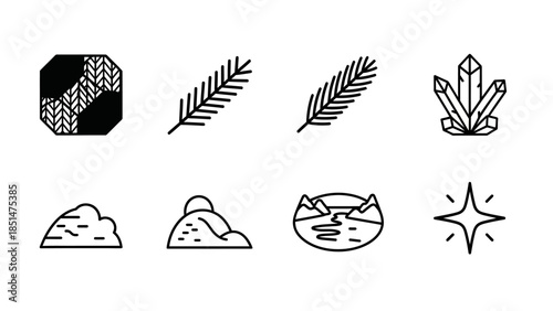 A collection of eight minimalist line art icons depicting natural elements like gems, pine branches, crystals, hills, mountains, rivers, and a star.