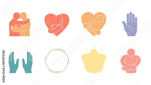 A collection of diverse flat design icons representing human connection, care, sharing, and emotional support.