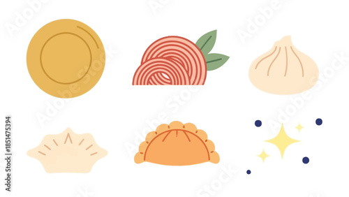 Culinary Collection: A collection of various culinary delights, ranging from golden round dough to pasta, dumpling to ravioli and other star shaped.