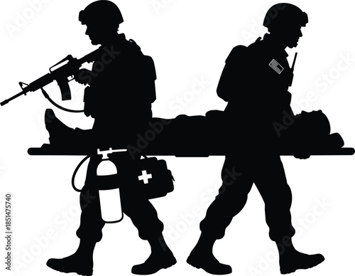 Black silhouettes of two armed soldiers carrying a wounded comrade on a stretcher, illustrating military medical evacuation, battlefield rescue, and combat first aid assistance.