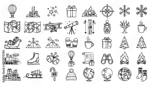 Winter holiday travel adventure exploration icons set for Christmas New Year journey