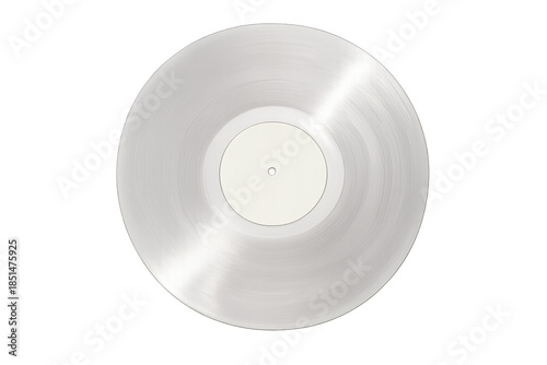 Clear vinyl record with blank white label, reflecting light, transparent plastic music disc for audio playback