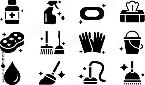 Cleaning and Household Icons Set Hygiene Tools Spray Gloves Bucket and Soap