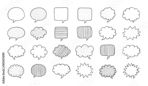 Assortment of Hand Drawn Black and White Speech Bubbles and Thought Clouds comic dialogue