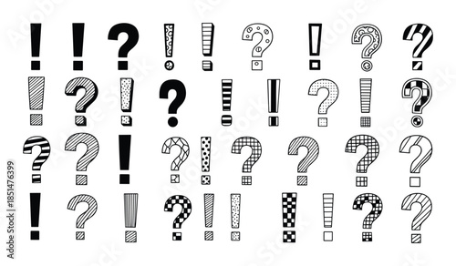 Collection of Hand Drawn Exclamation Marks and Question Marks with Various Patterns and Styles punctuation