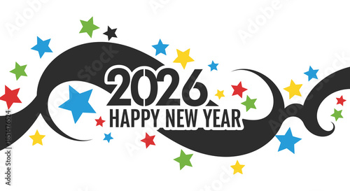 A festive new year design featuring the year 2026 stars and celebratory swirls