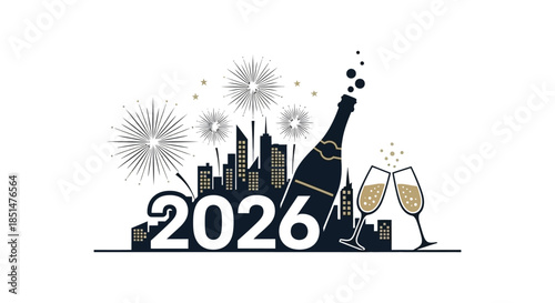 A festive new year celebration scene with champagne fireworks and a city skyline for 2026