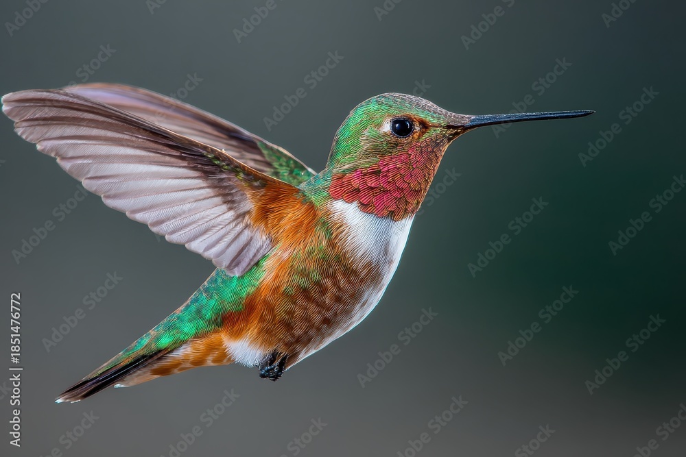 Obraz premium Broadtailed hummingbird hovers gracefully in midair in Colorado's vibrant landscape during the warm spring season