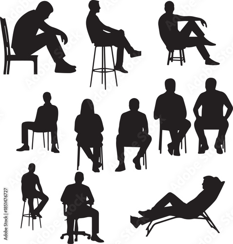 Large Collection Of Black Silhouettes Of People Sitting In Various Poses On Different Chairs