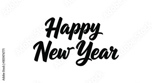 A black and white handwritten style text graphic simply displaying the phrase happy new year