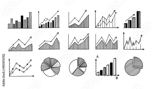 Collection of Hand Drawn Business and Data Charts and Graphs in Black and White bar chart line graph