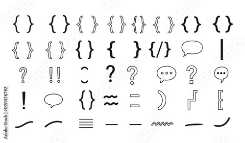 Collection of Hand Drawn Brackets, Punctuation, and Symbols on White Background parenthesis brace