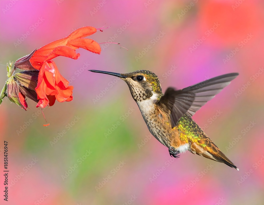 Naklejka premium A hummingbird hovers in flight near a vibrant red flower, wings slightly spread. The background is a soft blend of pinks and greens