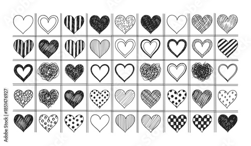 Collection of Hand Drawn Hearts in Various Styles and Patterns on White Background Keywords: heart, love, symbol, shape, doodle, drawing, sketch, outline, filled, striped, polka dot, scribbled