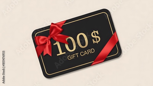 Black 100 dollar gift card with red ribbon and bow on light background