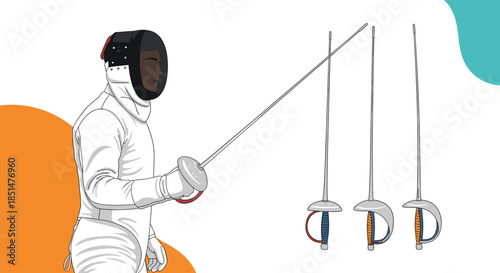 A fencer in full uniform and mask holding an �p�e, alongside a collection of different types of fencing swords.