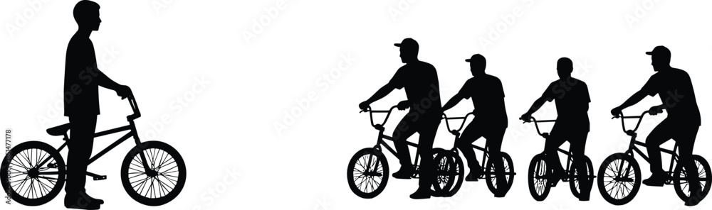 Obraz premium BMX Bicycle Rider Silhouette Set Vector Illustration, Street Bike Sport, Stunt Cycling, Urban Youth Activity, Extreme Action Graphic Design