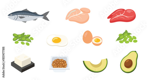 A set of various high-protein food icons, including fish, chicken, meat, eggs, tofu, natto, beans, and avocado.