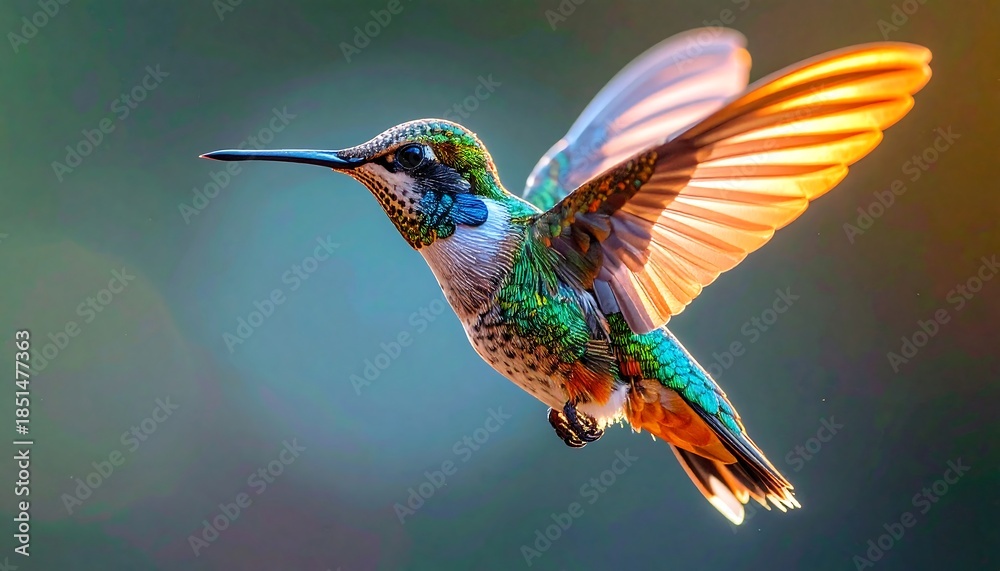 Naklejka premium A hummingbird in flight, wings spread, illuminated by sunlight. Its plumage displays vibrant greens, blues, and browns against a soft blurred background