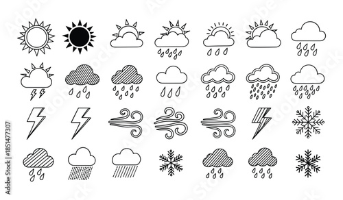 Doodle Style Weather Icons With Sun Clouds Rain Lightning Wind And Snowflake Variations Keywords: weather icons, doodle, hand drawn, sun, clouds, rain, lightning, wind, snowflake, symbols