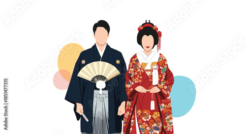 A Japanese couple dressed in traditional formal wedding attire, the groom in a montsuki haori hakama and the bride in a shiromuku kimono.