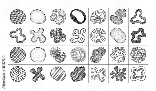 Grid of Hand Drawn Abstract Organic Shapes with Various Textures form