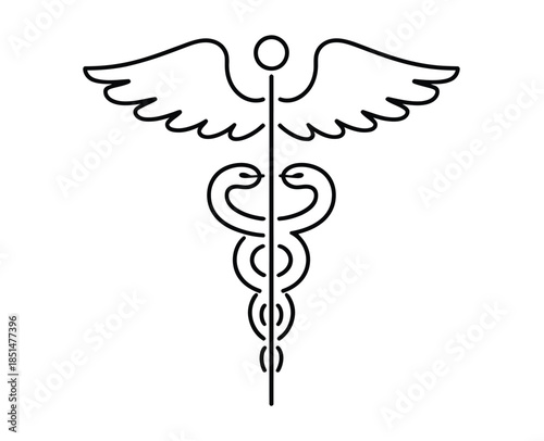 Caduceus continuous line art, simple medical icon in minimalist design, isolated vector illustration.