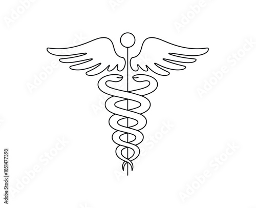 Caduceus continuous line art, simple medical icon in minimalist design, isolated vector illustration.