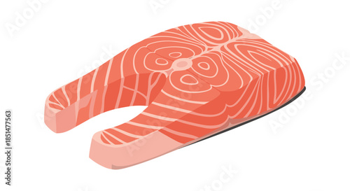 A fresh and detailed illustration of a raw salmon steak with its distinctive pink flesh and white lines, ready for cooking.