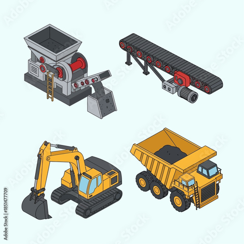 Isometric illustration set of heavy mining and construction machinery including a crusher, conveyor, excavator, and dump truck.
