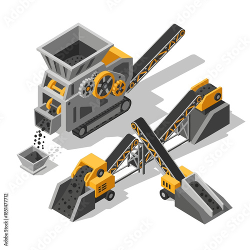 Isometric illustration of heavy industrial machinery for crushing and conveying materials like coal or ore.