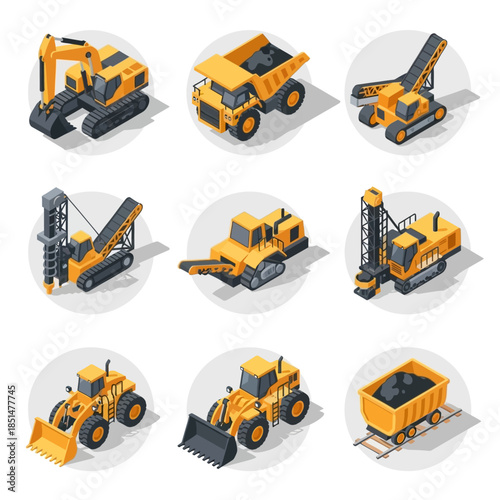 Isometric set of heavy mining and construction machinery illustrations.