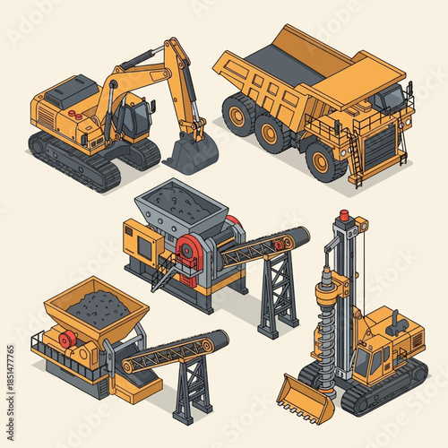 A collection of isometric heavy mining and construction machinery illustrations for industrial use.