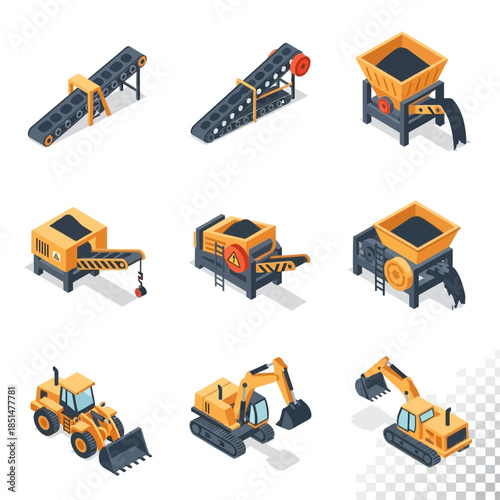 Isometric icons of heavy mining and construction machinery including conveyor belts, crushers, loaders, and excavators.
