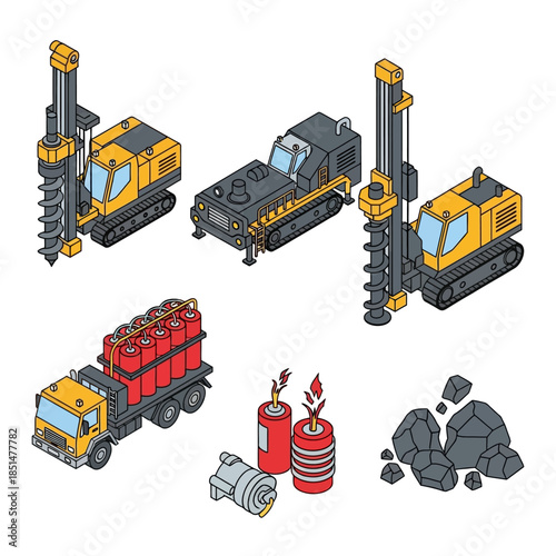 Isometric set of mining and drilling equipment with explosives and raw materials.