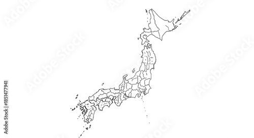 A simple black and white outline map of Japan showing the detailed administrative divisions and prefectures of the country.