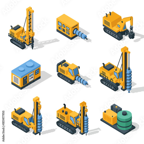 Isometric set of various yellow and blue drilling and piling heavy construction machinery and industrial equipment.
