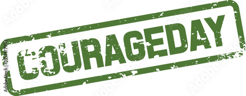 Distressed green grunge rubber stamp displaying the unique word COURAGEDAY for motivational campaigns