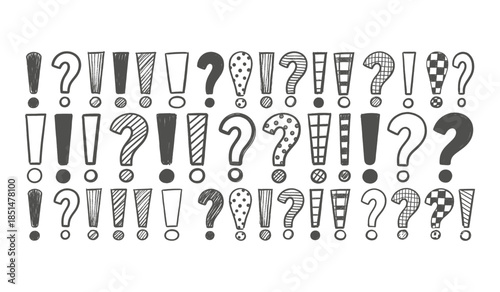 Hand Drawn Exclamation Marks and Question Marks with Various Patterns on White Background Keywords: exclamation mark, question mark, punctuation, symbol, sign, doodle, hand drawn, sketch, drawing