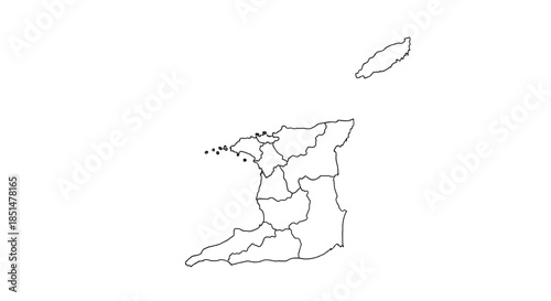 A simple black and white outline map of the dual-island Caribbean nation of Trinidad and Tobago with its regional borders.