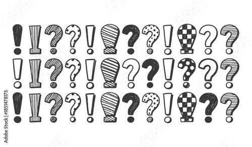 Hand Drawn Exclamation Marks and Question Marks with Various Patterns on White Background Keywords: exclamation mark, question mark, punctuation, symbol, hand drawn, doodle, sketch, graphic