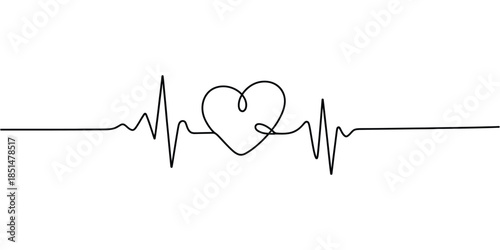 Heartbeat continuous line drawing, pulse line with love shape in single line art, medical heart care illustration.