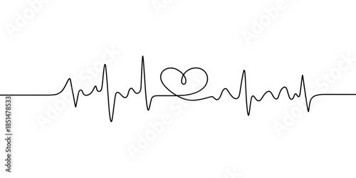 Heartbeat continuous line drawing, pulse line with love shape in single line art, medical heart care illustration.