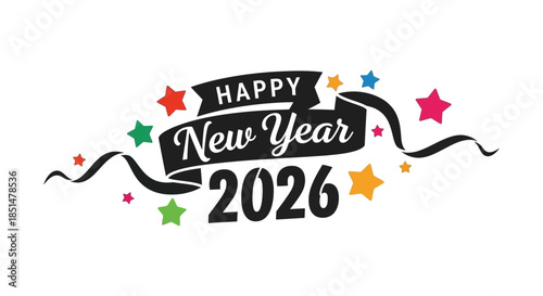 A colorful new year 2026 celebration graphic with stars and a decorative ribbon banner design